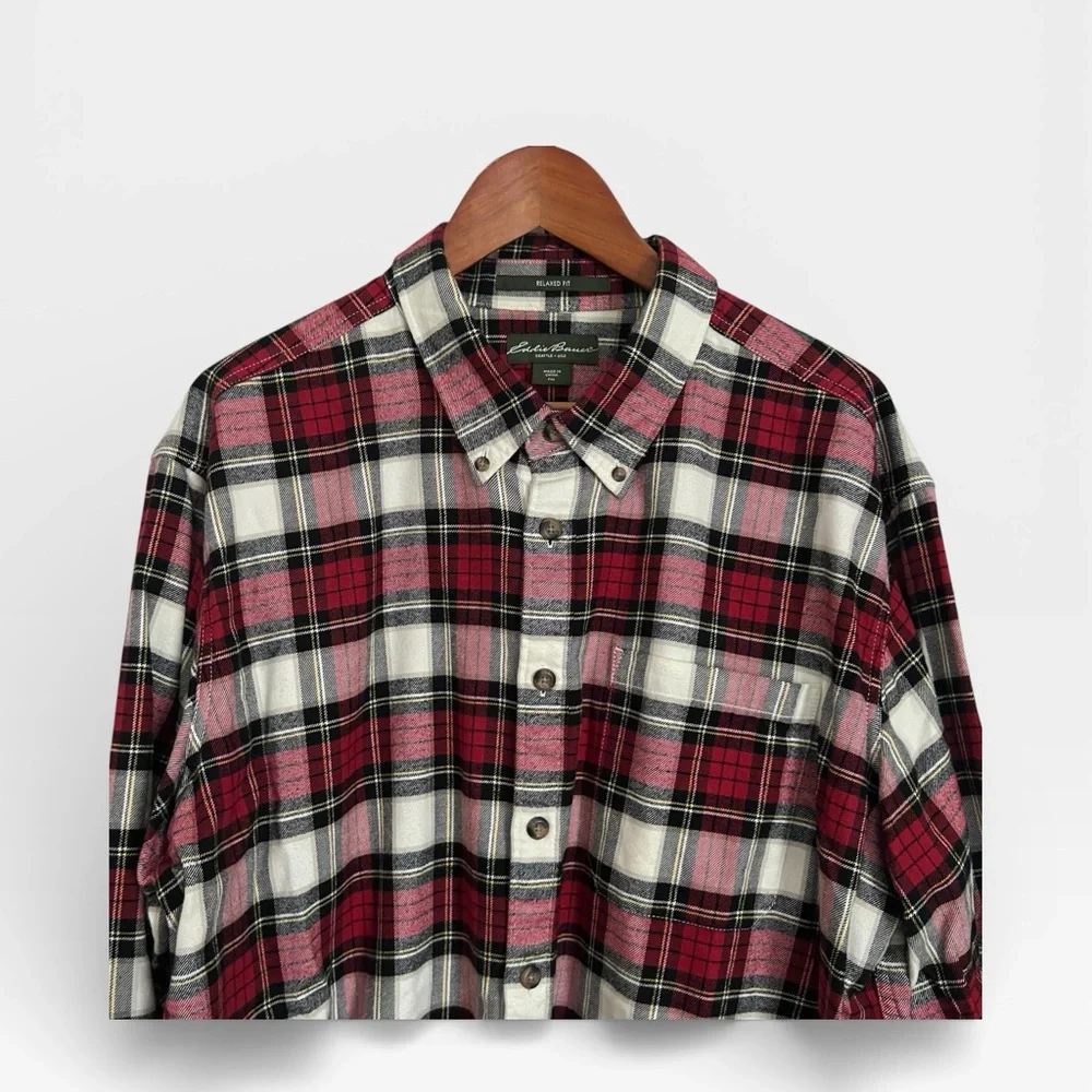 Eddie Bauer Burgundy Red and Black Plaid Shirt - Picture 3 of 8